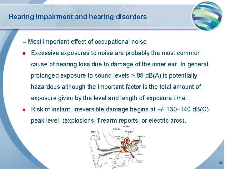 Hearing impairment and hearing disorders = Most important effect of occupational noise n Excessive