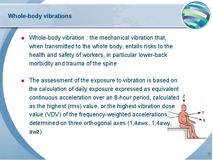 Whole-body vibrations n Whole-body vibration : the mechanical vibration that, when transmitted to the