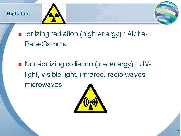 Radiation n Ionizing radiation (high energy) : Alpha. Beta-Gamma n Non-ionizing radiation (low energy)