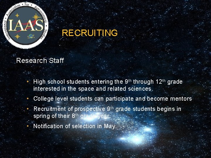 RECRUITING Research Staff • High school students entering the 9 th through 12 th RECRUITING Research Staff • High school students entering the 9 th through 12 th