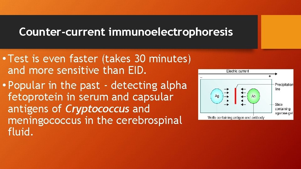 Counter-current immunoelectrophoresis • Test is even faster (takes 30 minutes) and more sensitive than