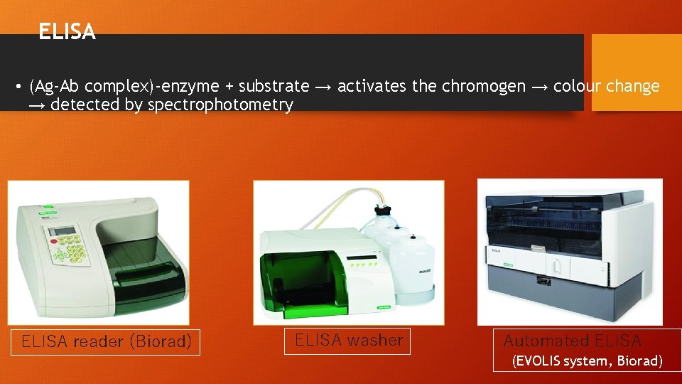 ELISA • (Ag-Ab complex)-enzyme + substrate → activates the chromogen → colour change →