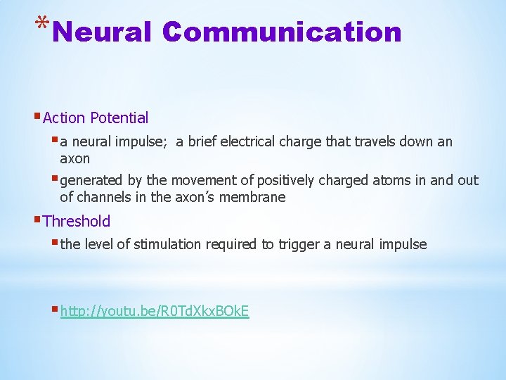 *Neural Communication § Action Potential § a neural impulse; axon a brief electrical charge