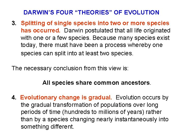 DARWIN’S FOUR “THEORIES” OF EVOLUTION 3. Splitting of single species into two or more