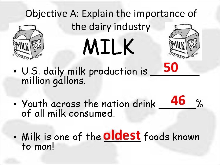 Objective A: Explain the importance of the dairy industry MILK 50 • U. S.