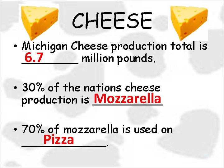 CHEESE • Michigan Cheese production total is 6. 7 ____ million pounds. • 30%