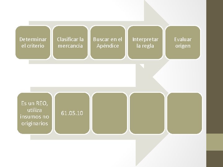 Determinar el criterio Clasificar la mercancía Es un REO, utiliza insumos no originarios 61.