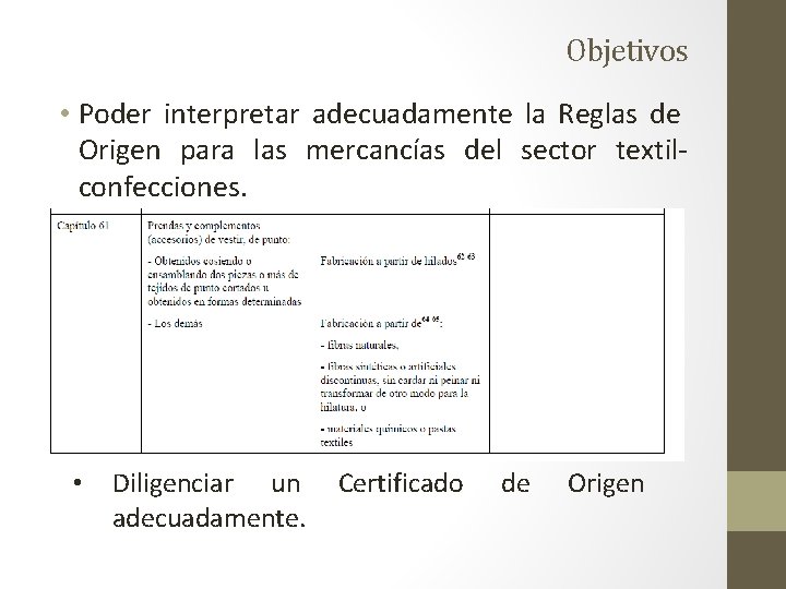 Objetivos • Poder interpretar adecuadamente la Reglas de Origen para las mercancías del sector