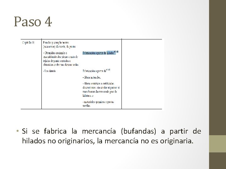 Paso 4 • Si se fabrica la mercancía (bufandas) a partir de hilados no