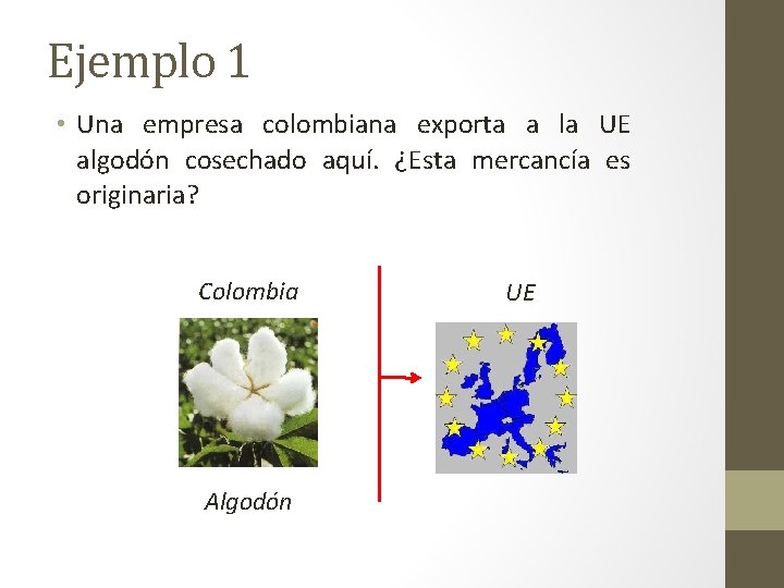 Ejemplo 1 • Una empresa colombiana exporta a la UE algodón cosechado aquí. ¿Esta