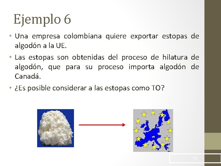 Ejemplo 6 • Una empresa colombiana quiere exportar estopas de algodón a la UE.