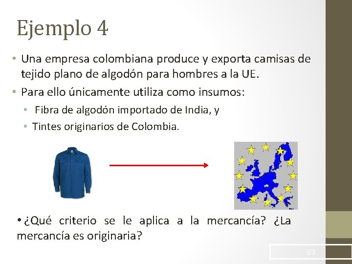 Ejemplo 4 • Una empresa colombiana produce y exporta camisas de tejido plano de