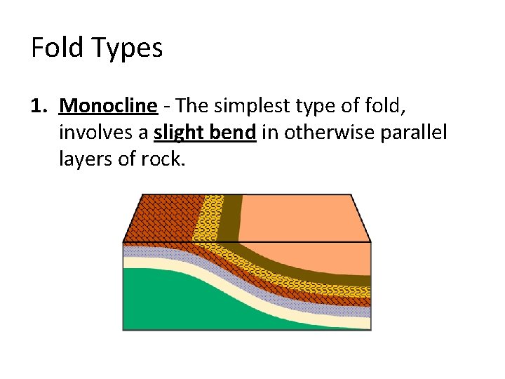 Fold Types 1. Monocline - The simplest type of fold, involves a slight bend Fold Types 1. Monocline - The simplest type of fold, involves a slight bend