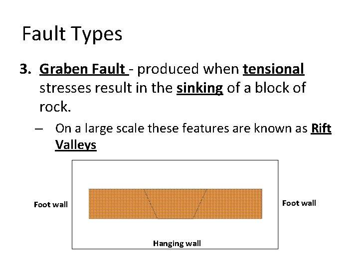 Fault Types 3. Graben Fault - produced when tensional stresses result in the sinking Fault Types 3. Graben Fault - produced when tensional stresses result in the sinking
