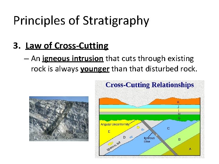 Principles of Stratigraphy 3. Law of Cross-Cutting – An igneous intrusion that cuts through Principles of Stratigraphy 3. Law of Cross-Cutting – An igneous intrusion that cuts through