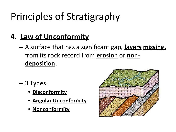 Principles of Stratigraphy 4. Law of Unconformity – A surface that has a significant Principles of Stratigraphy 4. Law of Unconformity – A surface that has a significant