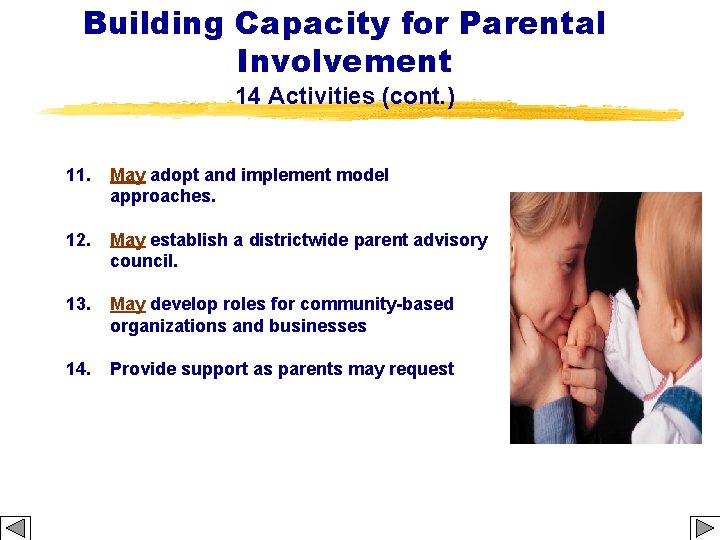 Building Capacity for Parental Involvement 14 Activities (cont. ) 11. May adopt and implement