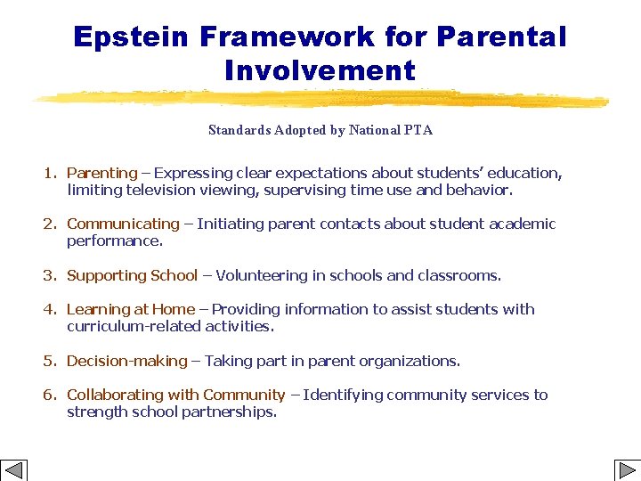 Epstein Framework for Parental Involvement Standards Adopted by National PTA 1. Parenting – Expressing