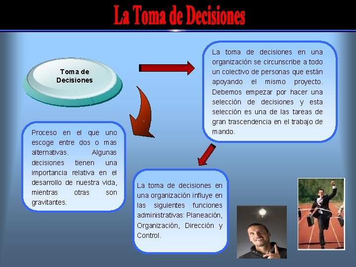 Toma de Decisiones Proceso en el que uno escoge entre dos o mas alternativas.