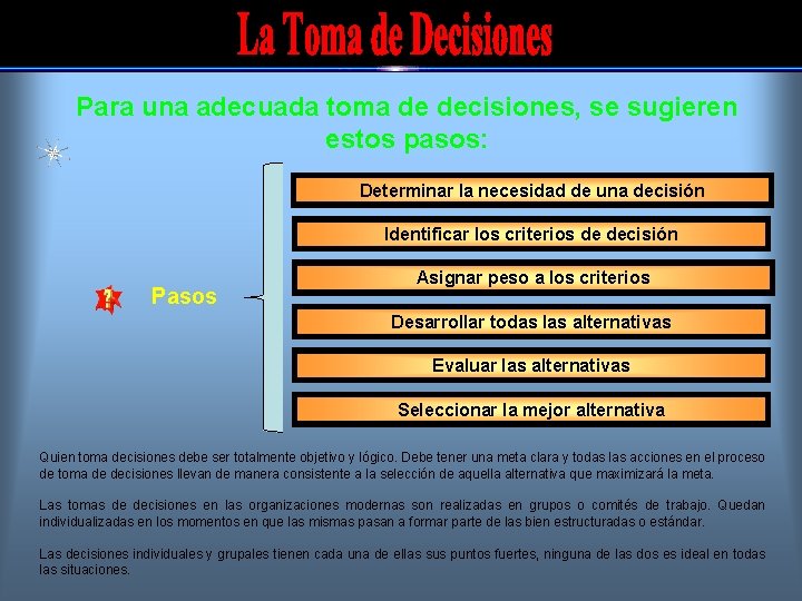 Para una adecuada toma de decisiones, se sugieren estos pasos: Determinar la necesidad de