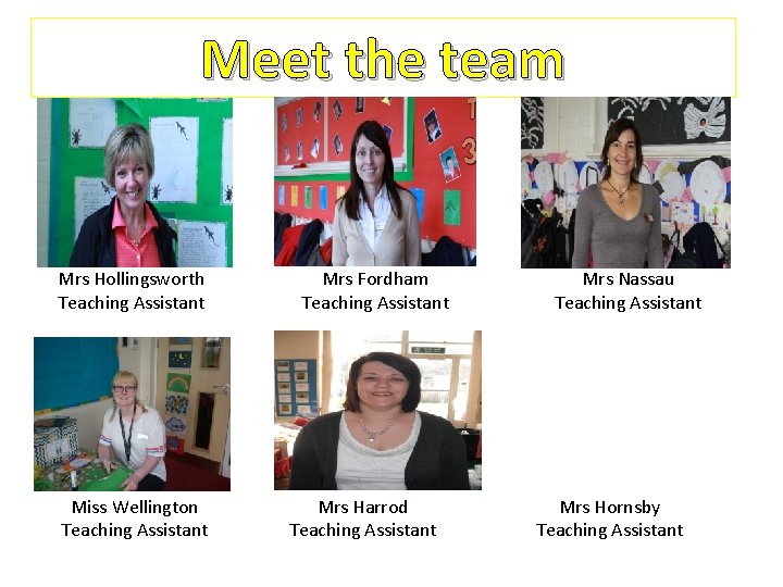 Meet the team Mrs Hollingsworth Teaching Assistant Miss Wellington Teaching Assistant Mrs Fordham Teaching