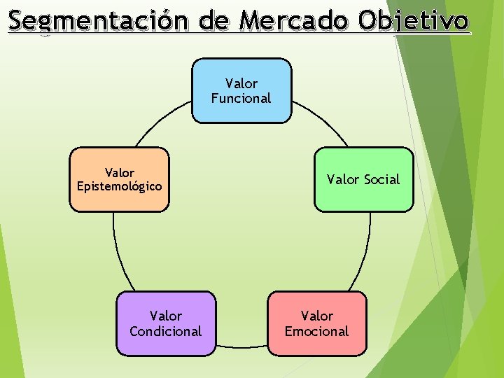 Segmentación de Mercado Objetivo Valor Funcional Valor Epistemológico Valor Condicional Valor Social Valor Emocional