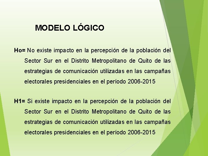 MODELO LÓGICO Ho= No existe impacto en la percepción de la población del Sector