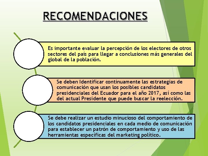 RECOMENDACIONES Es importante evaluar la percepción de los electores de otros sectores del país