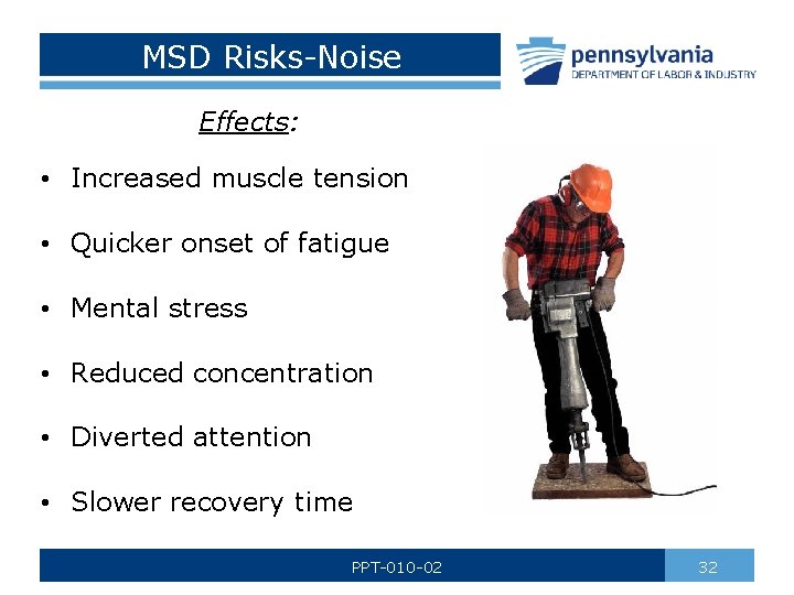 MSD Risks-Noise Effects: • Increased muscle tension • Quicker onset of fatigue • Mental