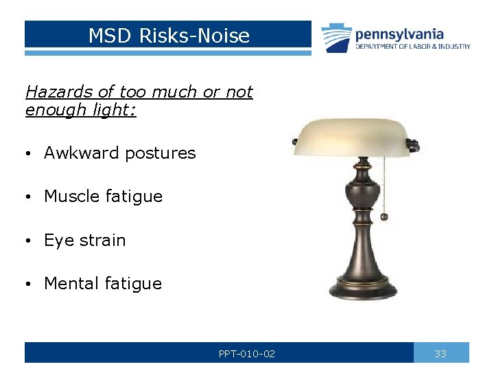 MSD Risks-Noise Hazards of too much or not enough light: • Awkward postures •