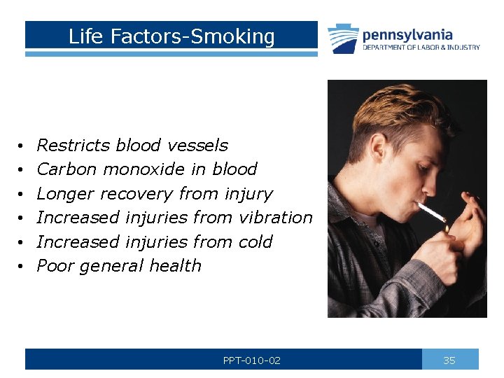 Life Factors-Smoking • • • Restricts blood vessels Carbon monoxide in blood Longer recovery