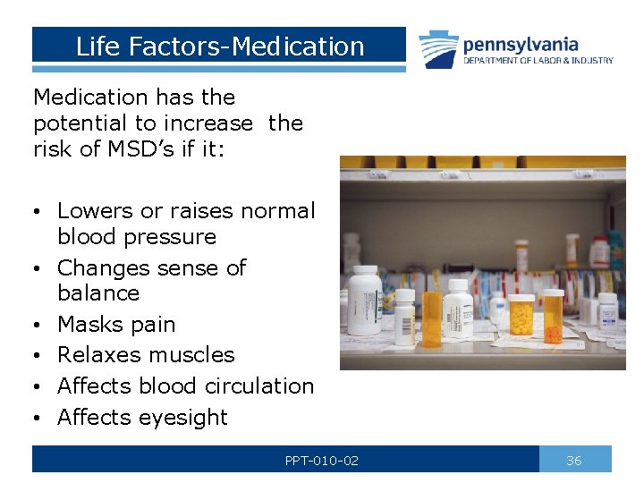 Life Factors-Medication has the potential to increase the risk of MSD’s if it: •