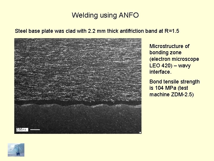Welding using ANFO Steel base plate was clad with 2. 2 mm thick antifriction
