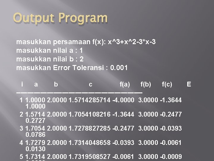 Output Program masukkan persamaan f(x): x^3+x^2 -3*x-3 masukkan nilai a : 1 masukkan nilai