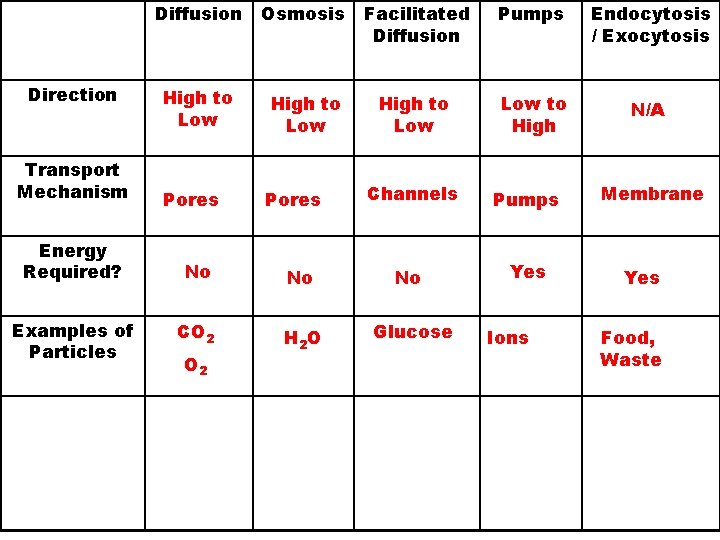 Direction Transport Mechanism Energy Required? Examples of Particles Diffusion Osmosis Facilitated Diffusion Pumps Endocytosis