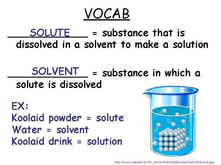 VOCAB SOLUTE _______ = substance that is dissolved in a solvent to make a