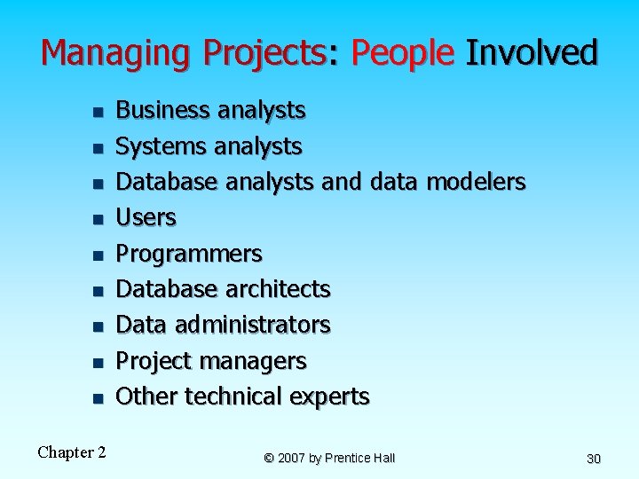 Managing Projects: People Involved n n n n n Chapter 2 Business analysts Systems