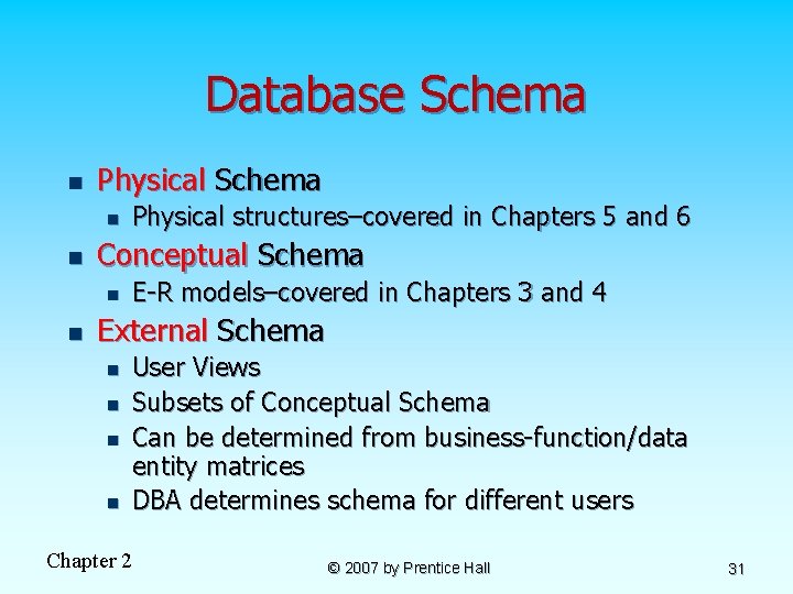 Database Schema n Physical Schema n n Conceptual Schema n n Physical structures–covered in