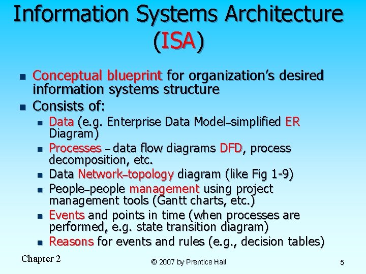 Information Systems Architecture (ISA) n n Conceptual blueprint for organization’s desired information systems structure