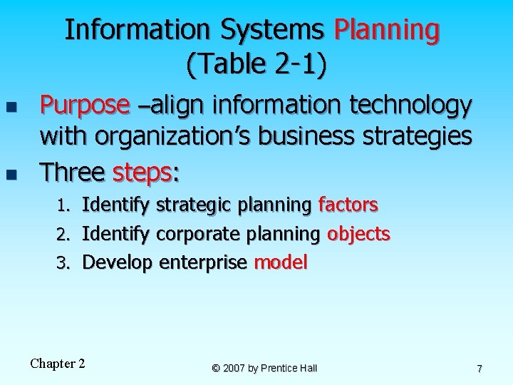 Information Systems Planning (Table 2 -1) n n Purpose –align information technology with organization’s