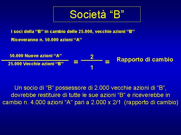 Società “B” I soci della “B” in cambio delle 25. 000, vecchie azioni “B”