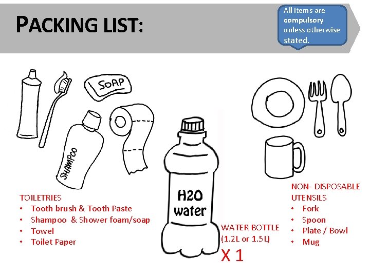 All items are compulsory unless otherwise PACKING LIST: TOILETRIES • Tooth brush & Tooth