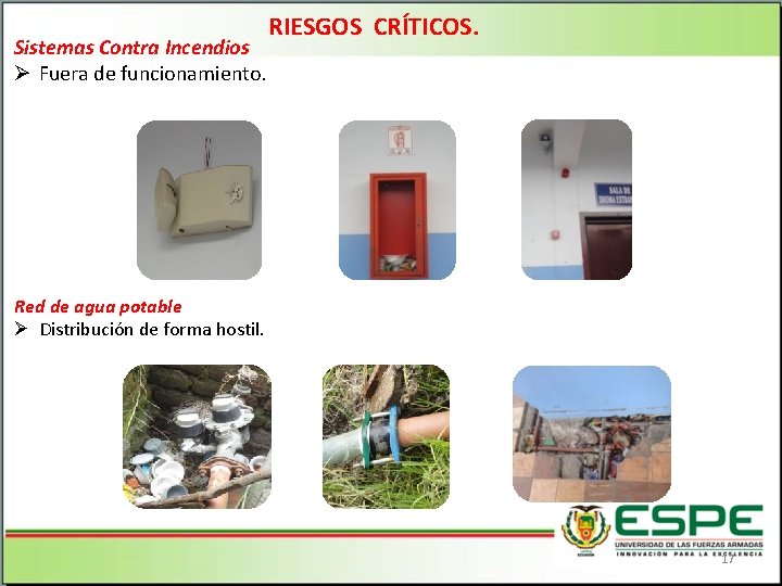 Sistemas Contra Incendios Ø Fuera de funcionamiento. RIESGOS CRÍTICOS. Red de agua potable Ø