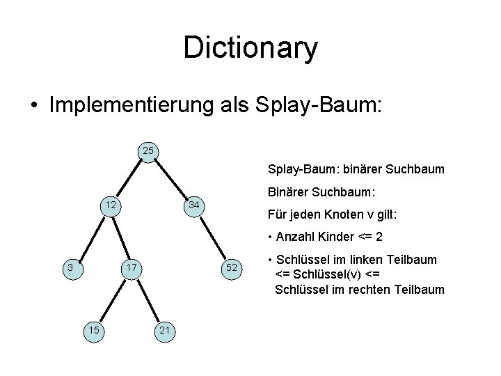 Dictionary • Implementierung als Splay-Baum: 25 Splay-Baum: binärer Suchbaum Binärer Suchbaum: 12 34 Für