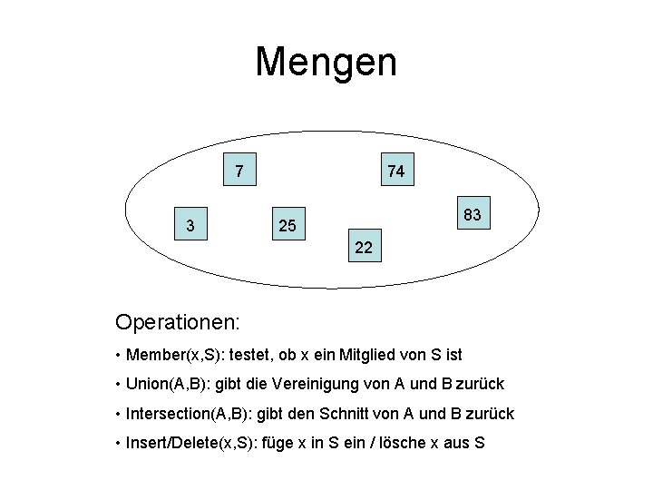 Mengen 7 3 74 83 25 22 Operationen: • Member(x, S): testet, ob x