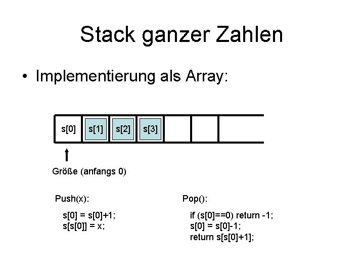 Stack ganzer Zahlen • Implementierung als Array: s[0] s[1] s[2] s[3] Größe (anfangs 0)