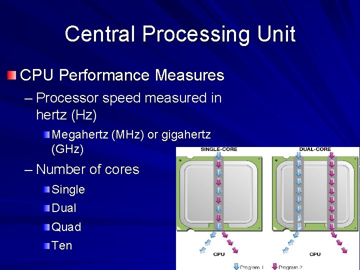 Central Processing Unit CPU Performance Measures – Processor speed measured in hertz (Hz) Megahertz