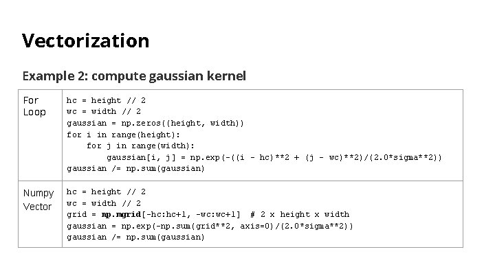Vectorization Example 2: compute gaussian kernel For Loop hc = height // 2 wc