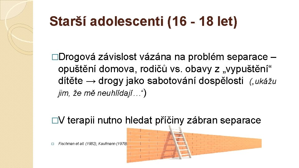 Starší adolescenti (16 - 18 let) �Drogová závislost vázána na problém separace – opuštění