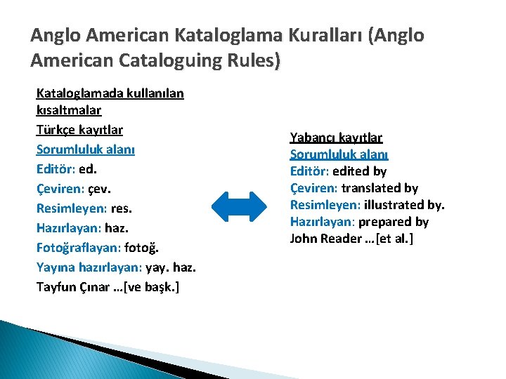 Anglo American Kataloglama Kuralları (Anglo American Cataloguing Rules) Kataloglamada kullanılan kısaltmalar Türkçe kayıtlar Sorumluluk